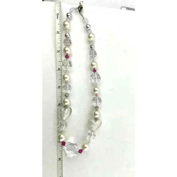 Clear Chunky Glass Heart Plastic Beaded Necklace Wired Faux Pearl 18" long - Picture 4 of 11